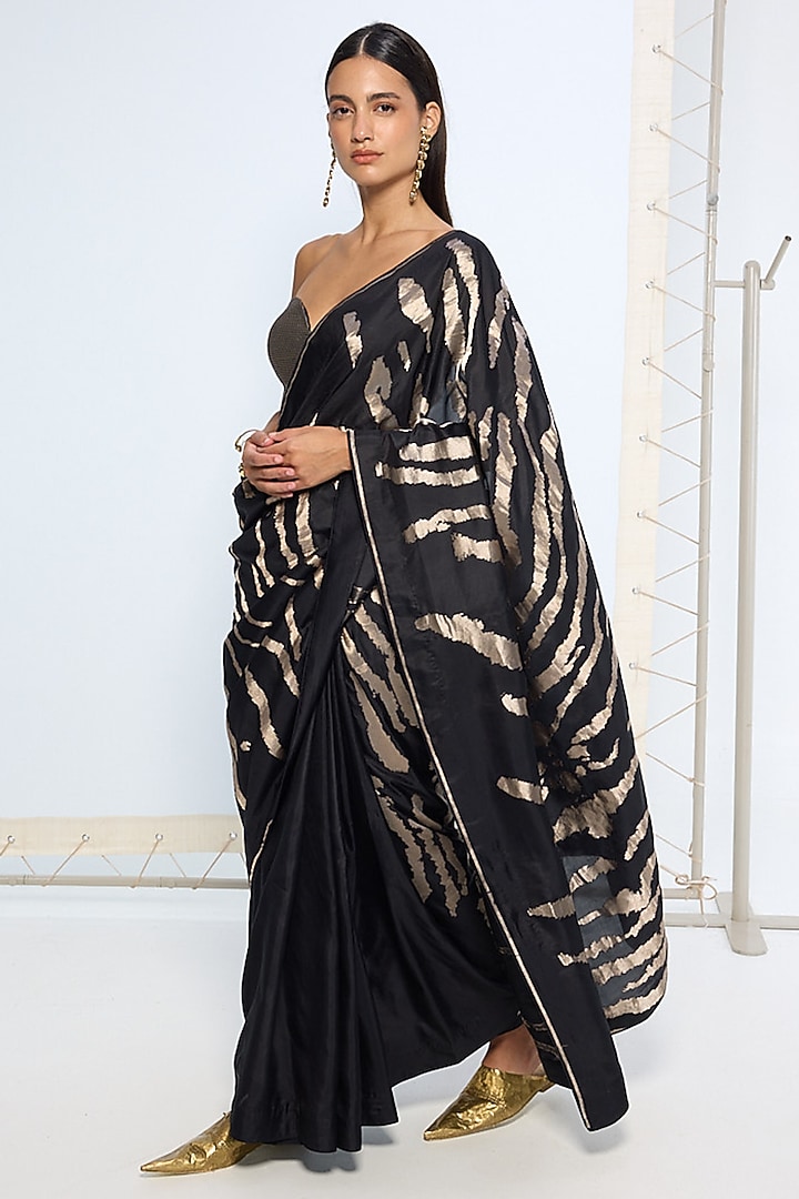 Black & Silver Silk Zari Handwoven Wedding Saree Set by Ekaya at Pernia's Pop Up Shop