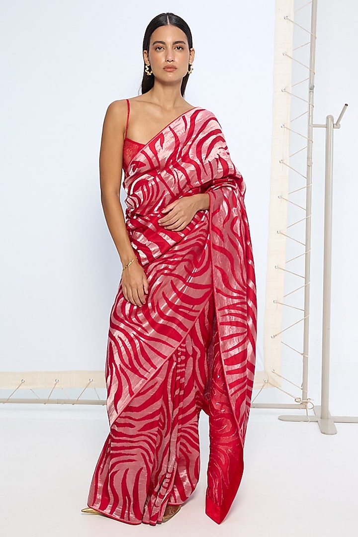 Red Silk Zari Handwoven Wedding Saree Set by Ekaya at Pernia's Pop Up Shop