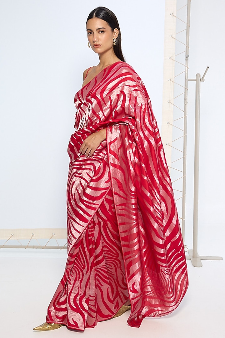 Red Silk Zari Handwoven Wedding Saree Set by Ekaya at Pernia's Pop Up Shop