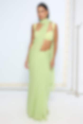 Lime Green Chiffon White Polka Dot Party Wear Saree Set by Ekaya at Pernia's Pop Up Shop