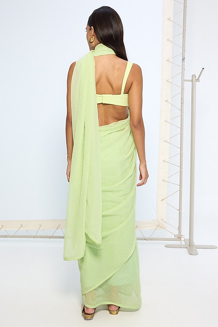Lime Green Chiffon White Polka Dot Party Wear Saree Set by Ekaya at Pernia's Pop Up Shop