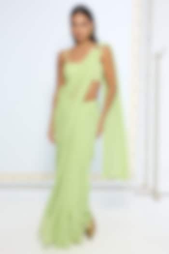 Mint Green Chiffon Black Polka Dot Party Wear Saree Set by Ekaya at Pernia's Pop Up Shop