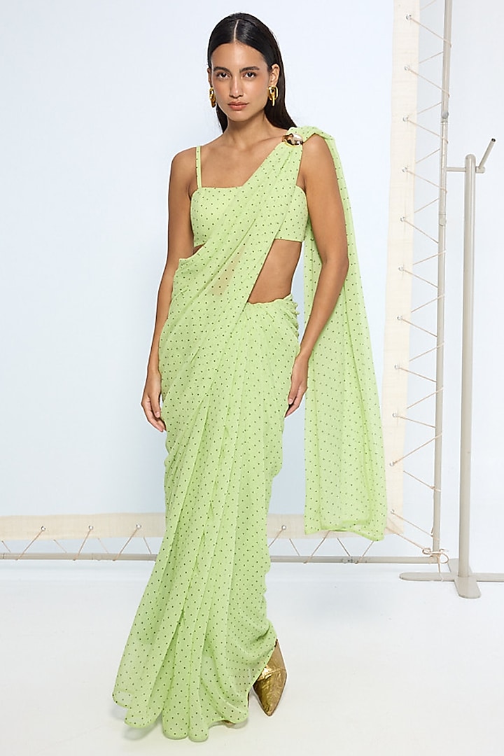 Mint Green Chiffon Black Polka Dot Party Wear Saree Set by Ekaya at Pernia's Pop Up Shop