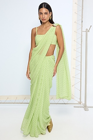 Mint Green Chiffon Black Polka Dot Saree Set by Ekaya