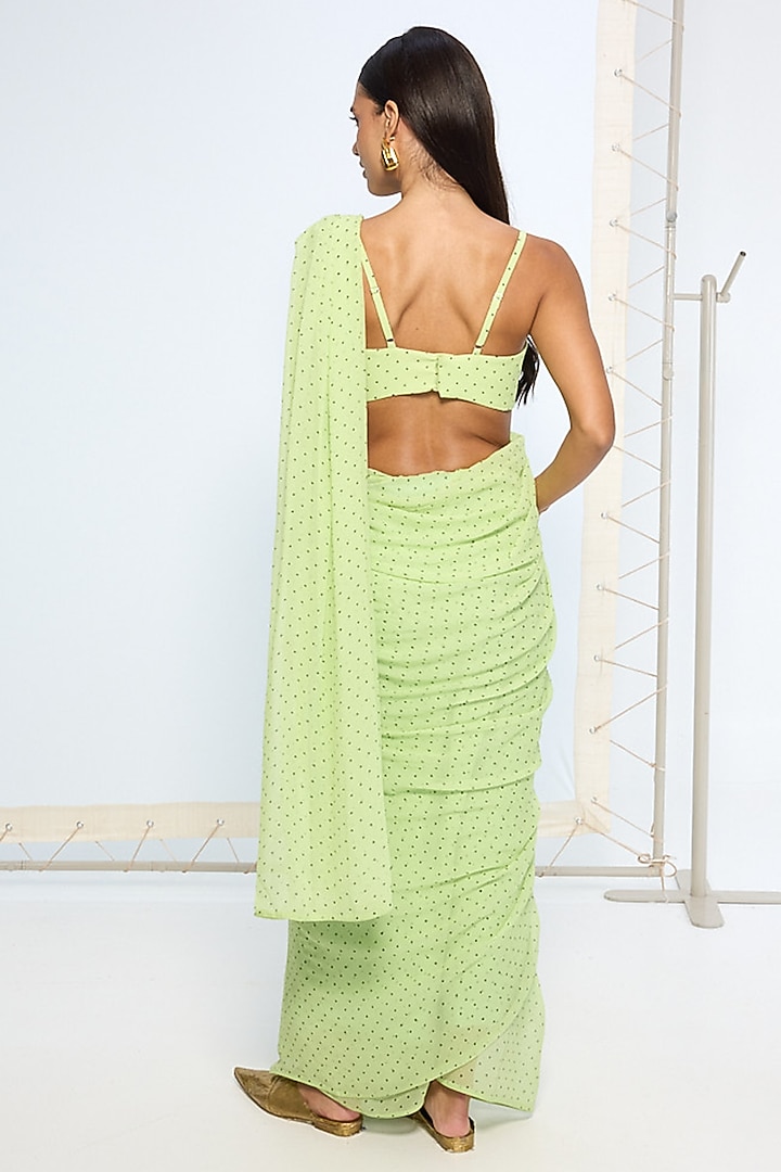 Mint Green Chiffon Black Polka Dot Party Wear Saree Set by Ekaya at Pernia's Pop Up Shop
