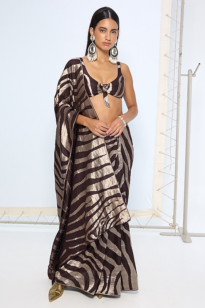 Chocolate Brown Silk Zari Handwoven Wedding Saree Set by Ekaya at Pernia's Pop Up Shop