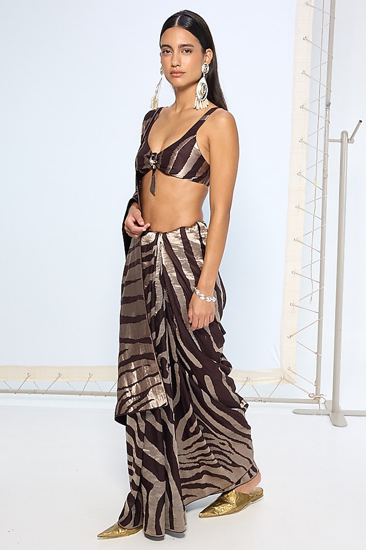 Chocolate Brown Silk Zari Handwoven Wedding Saree Set by Ekaya at Pernia's Pop Up Shop