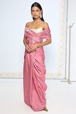 Dusty Pink Silk Zari Handwoven Saree Set by Ekaya