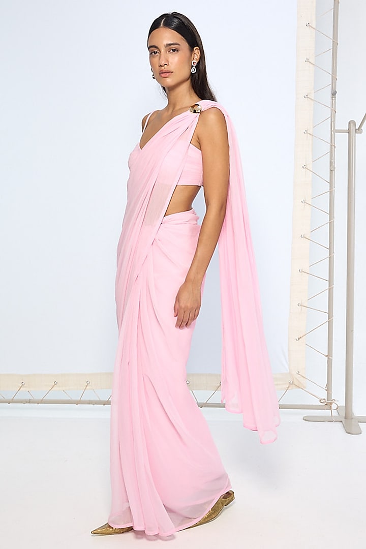 Pink Chiffon Party Wear Saree Set With Pallu Loop by Ekaya at Pernia's Pop Up Shop
