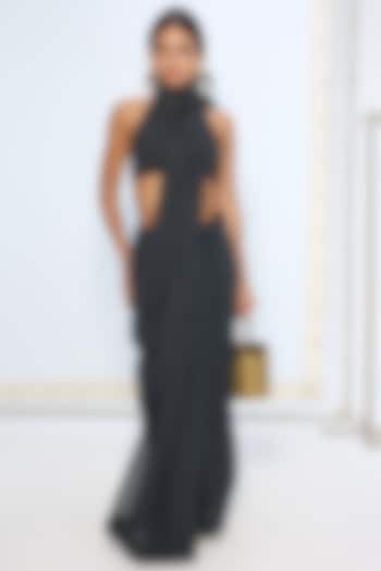 Black & White Pure Chiffon Polka Dot Party Wear Saree by Ekaya at Pernia's Pop Up Shop