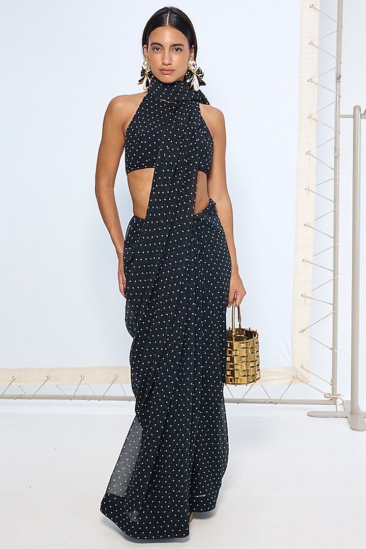 Black & White Pure Chiffon Polka Dot Party Wear Saree by Ekaya at Pernia's Pop Up Shop