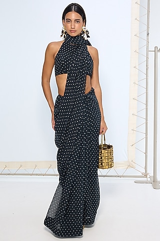 Black & White Pure Chiffon Polka Dot Saree by Ekaya
