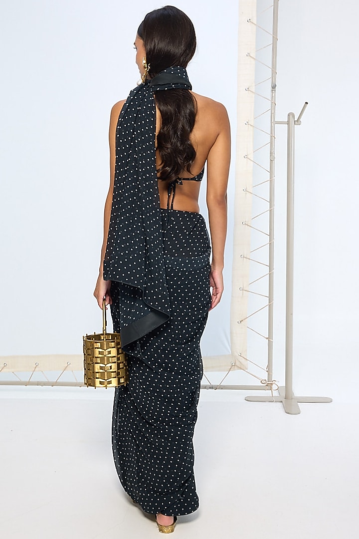 Black & White Pure Chiffon Polka Dot Party Wear Saree by Ekaya at Pernia's Pop Up Shop