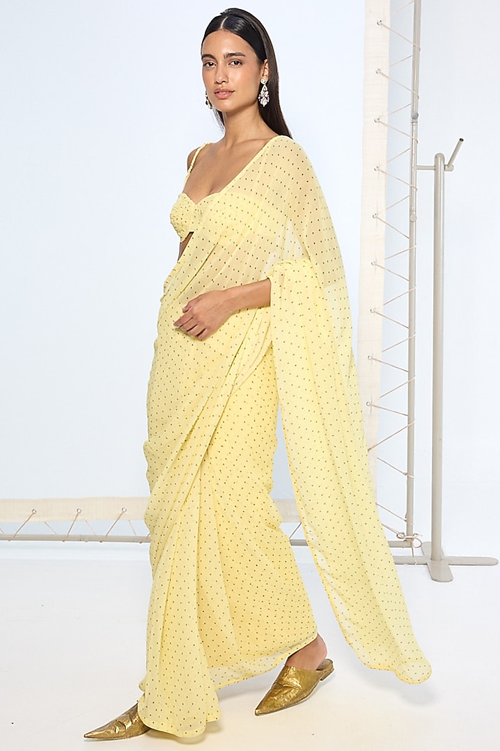 Lime Yellow Pure Chiffon Polka Dot Party Wear Saree by Ekaya at Pernia's Pop Up Shop