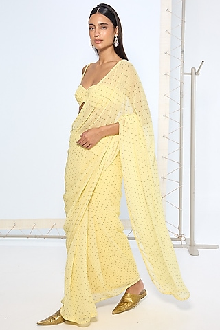 Lime Yellow Pure Chiffon Polka Dot Saree by Ekaya