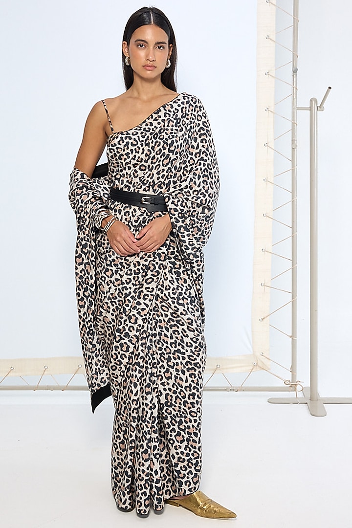 Black & White Habutai Silk Animal Printed Party Wear Saree by Ekaya at Pernia's Pop Up Shop
