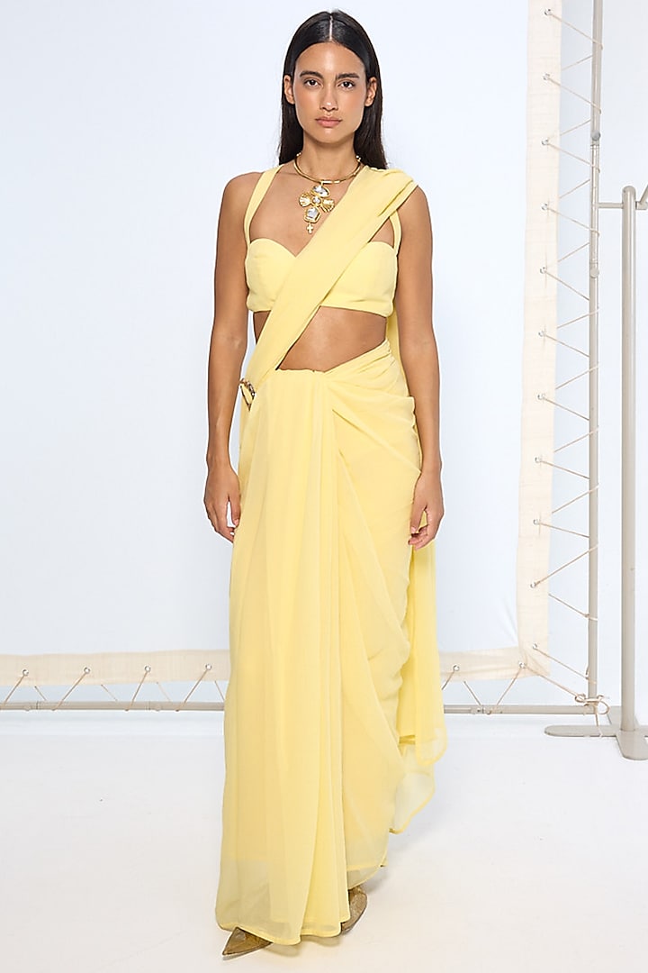 Yellow Pure Chiffon Party Wear Saree by Ekaya at Pernia's Pop Up Shop