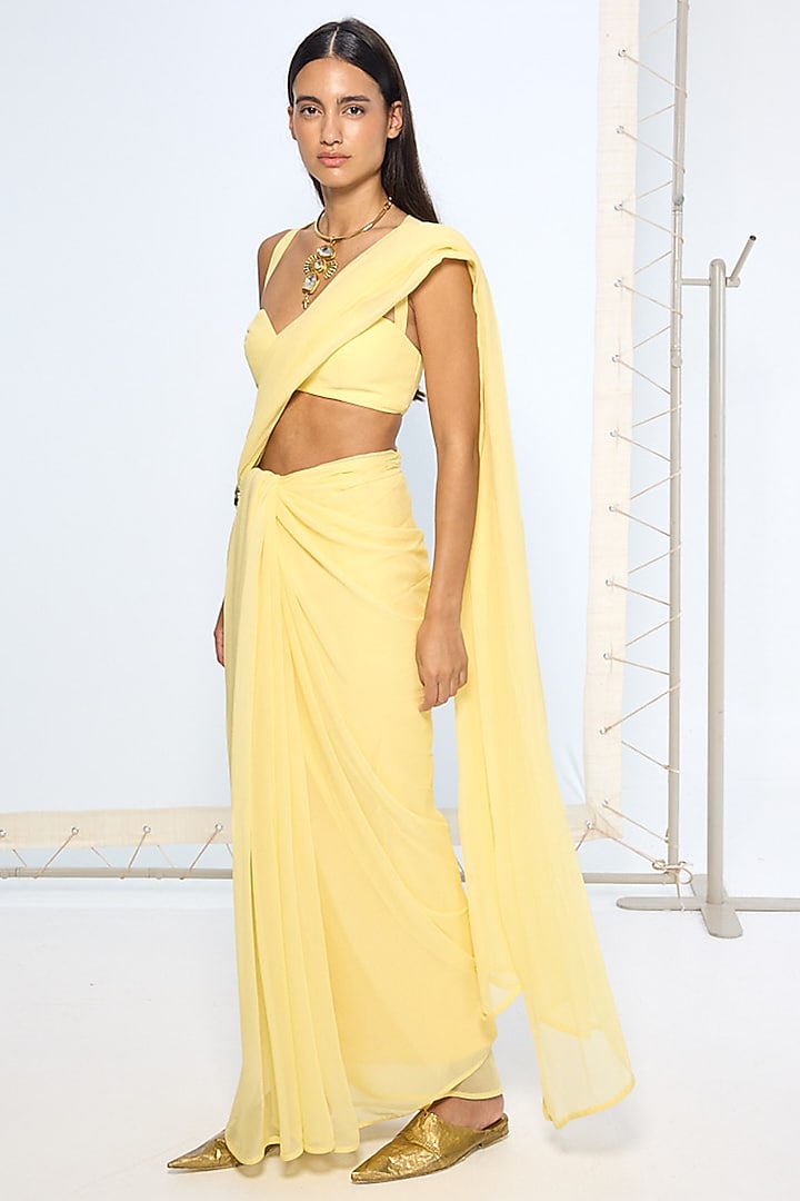 Yellow Pure Chiffon Party Wear Saree by Ekaya at Pernia's Pop Up Shop