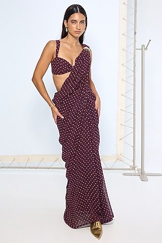 Maroon Pure Chiffon Polka Dot Saree by Ekaya