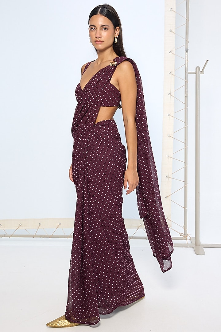 Maroon Pure Chiffon Polka Dot Party Wear Saree by Ekaya at Pernia's Pop Up Shop