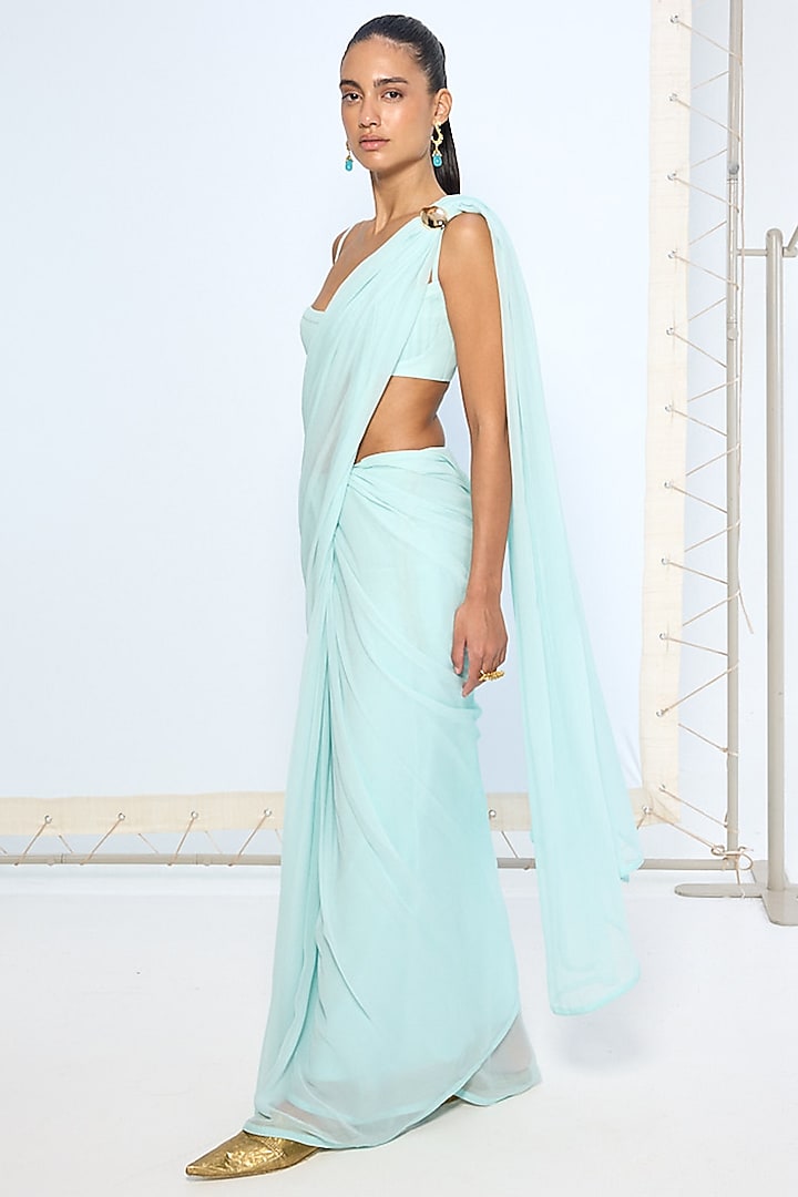 Ice Blue Pure Chiffon Party Wear Saree by Ekaya at Pernia's Pop Up Shop