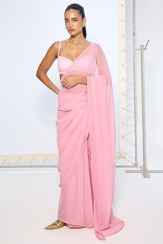 Pink Pure Chiffon Polka Dot Saree by Ekaya