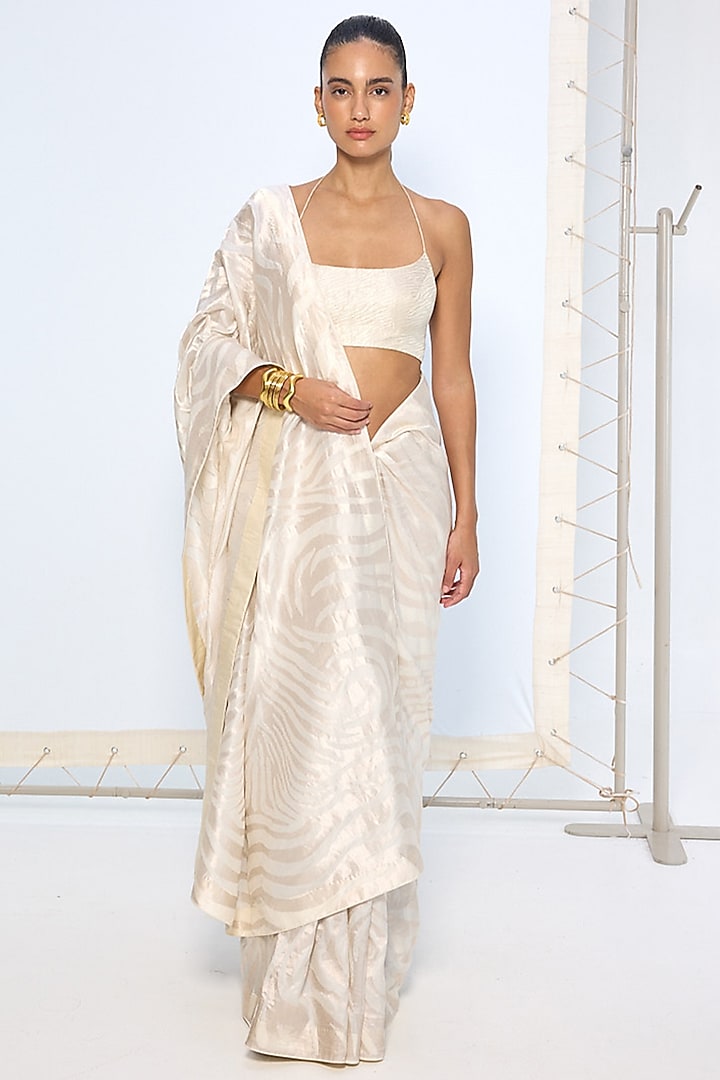 Ivory Pure Silk Zari Embroidered Banarasi Handwoven Wedding Saree by Ekaya at Pernia's Pop Up Shop
