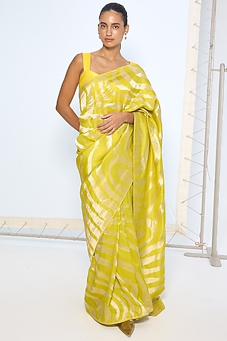 Citrine Yellow Pure Silk Zari Embroidered Banarasi Handwoven Saree by Ekaya