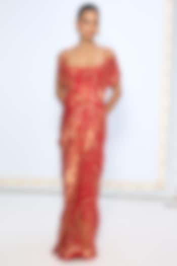 Red Pure Silk Zari Embroidered Banarasi Handwoven Wedding Saree by Ekaya at Pernia's Pop Up Shop