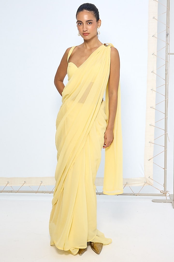 Yellow Pure Chiffon Party Wear Saree by Ekaya at Pernia's Pop Up Shop