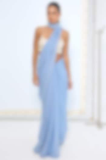 Blue Pure Chiffon Polka Dot Party Wear Saree by Ekaya at Pernia's Pop Up Shop