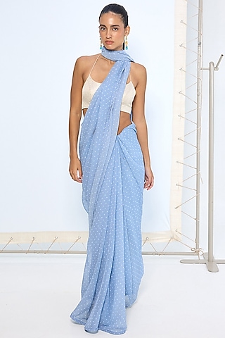 Blue Pure Chiffon Polka Dot Saree by Ekaya