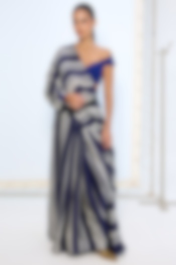 Navy & White Pure Satin Silk Striped Party Wear Saree by Ekaya at Pernia's Pop Up Shop