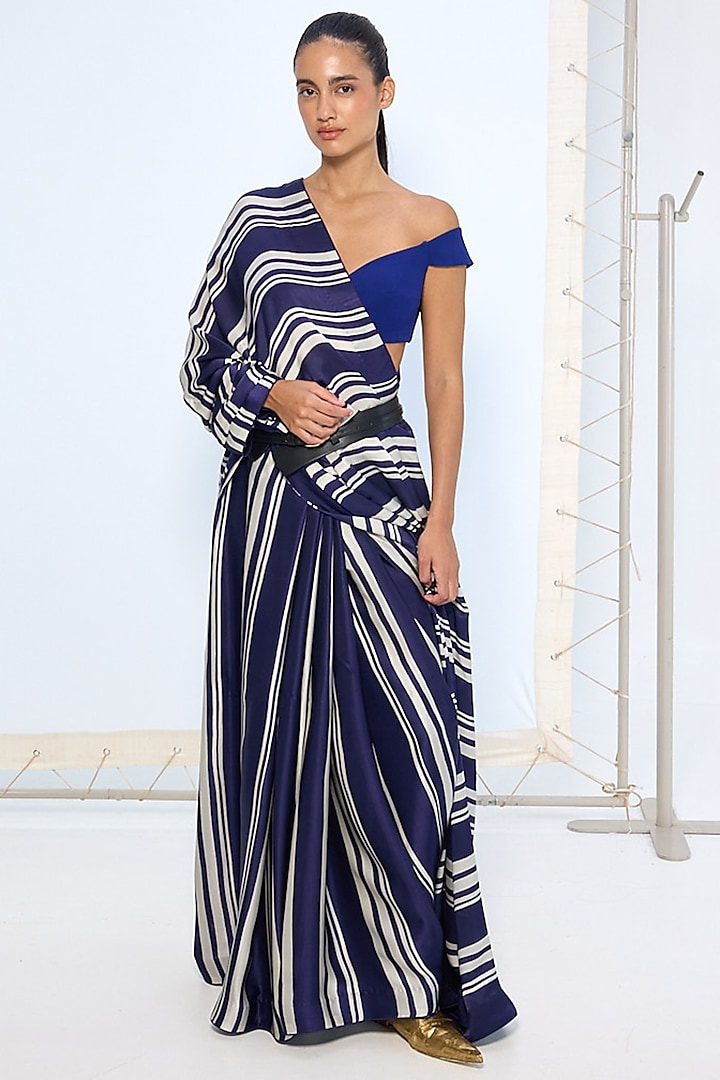 Navy & White Pure Satin Silk Striped Party Wear Saree by Ekaya at Pernia's Pop Up Shop