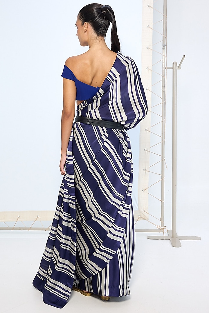 Navy & White Pure Satin Silk Striped Party Wear Saree by Ekaya at Pernia's Pop Up Shop