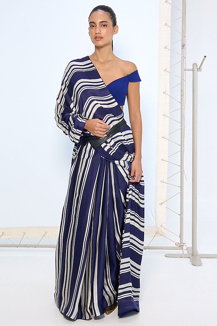Navy & White Pure Satin Silk Striped Party Wear Saree by Ekaya at Pernia's Pop Up Shop