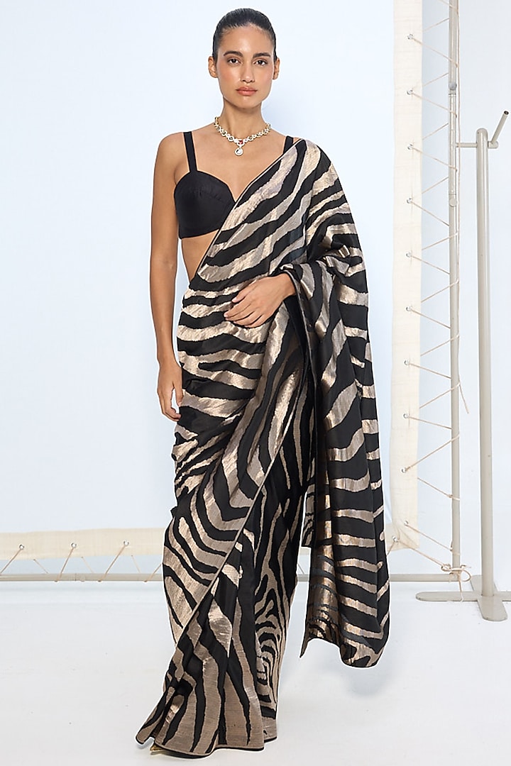 Black & Silver Pure Silk Zari Embroidered Banarasi Handwoven Wedding Saree by Ekaya at Pernia's Pop Up Shop