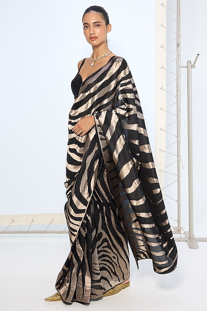 Black & Silver Pure Silk Zari Embroidered Banarasi Handwoven Wedding Saree by Ekaya at Pernia's Pop Up Shop