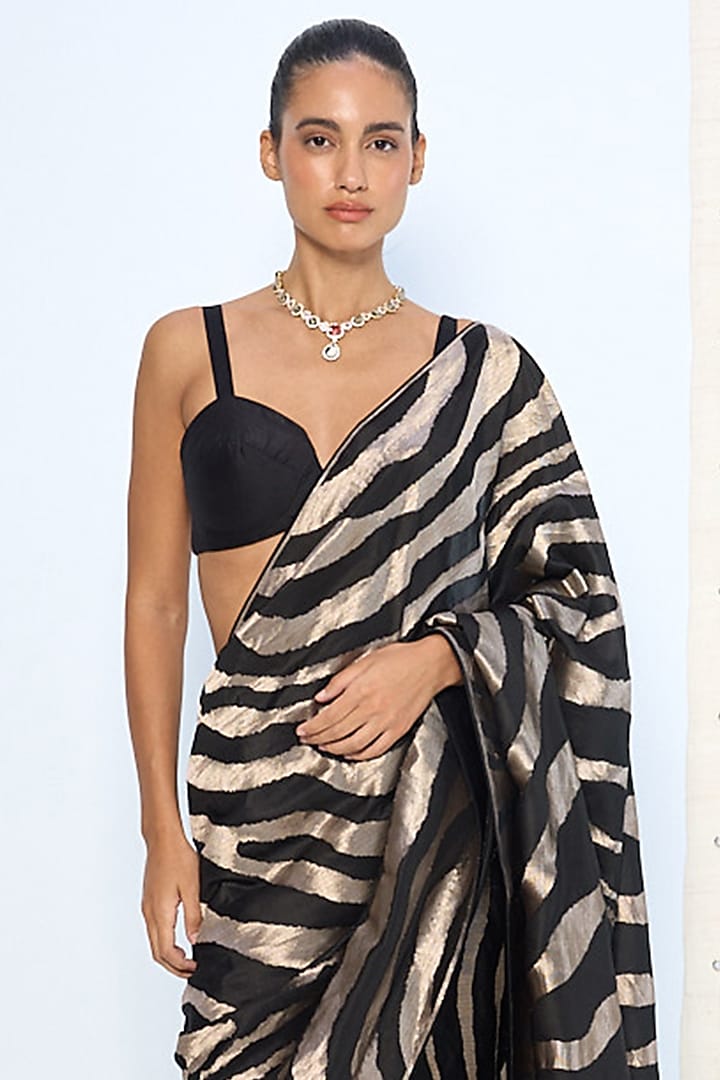 Black & Silver Pure Silk Zari Embroidered Banarasi Handwoven Wedding Saree by Ekaya at Pernia's Pop Up Shop
