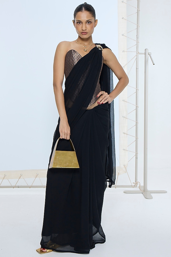 Black Pure Chiffon Party Wear Saree by Ekaya at Pernia's Pop Up Shop