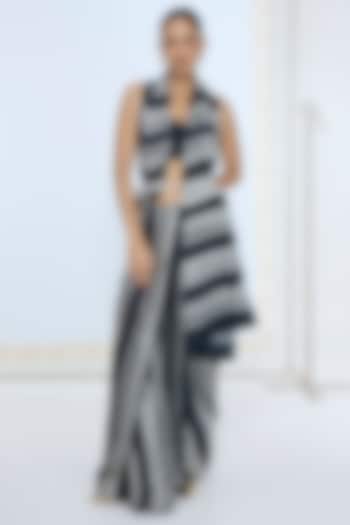 Black & White Pure Satin Silk Striped Party Wear Saree by Ekaya at Pernia's Pop Up Shop