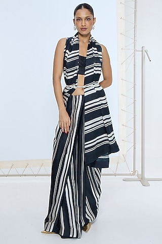 Black & White Pure Satin Silk Striped Saree by Ekaya