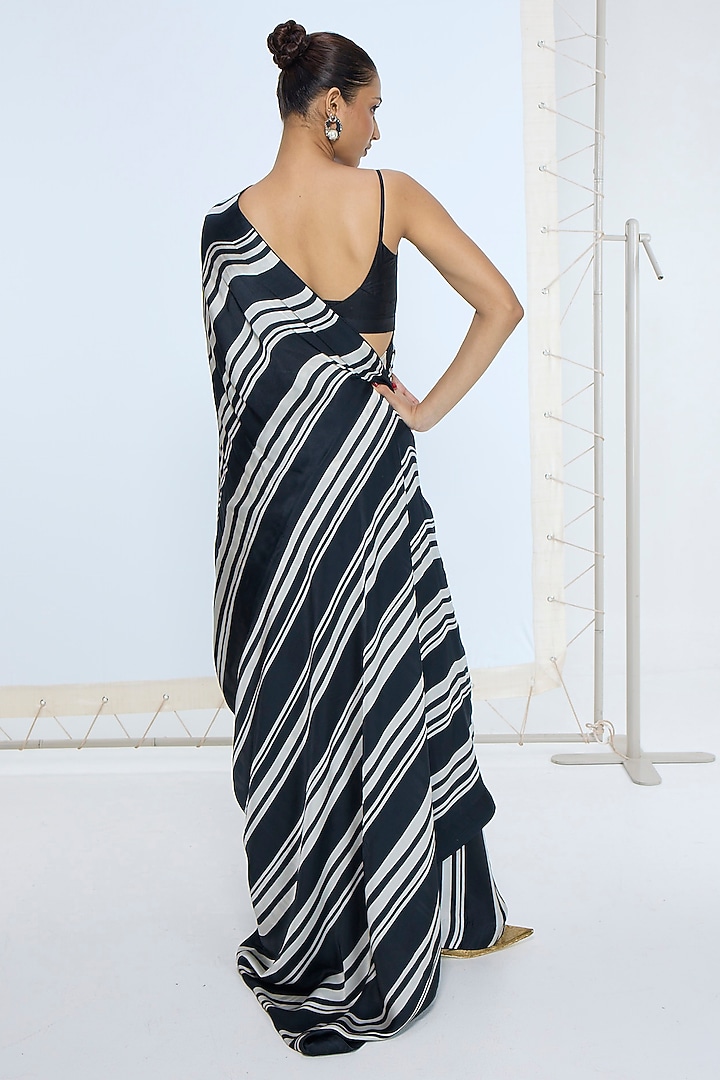 Black & White Pure Satin Silk Striped Party Wear Saree by Ekaya at Pernia's Pop Up Shop