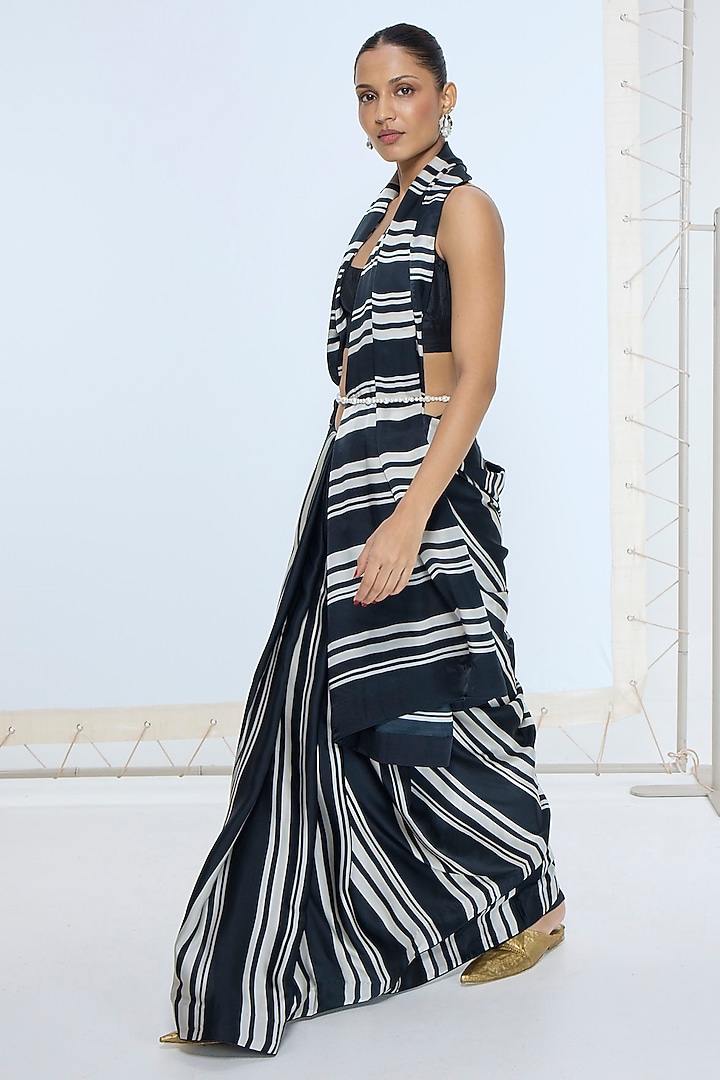 Black & White Pure Satin Silk Striped Party Wear Saree by Ekaya at Pernia's Pop Up Shop