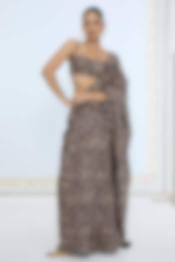 Black & Gold Silk Animal Printed Party Wear Saree by Ekaya at Pernia's Pop Up Shop