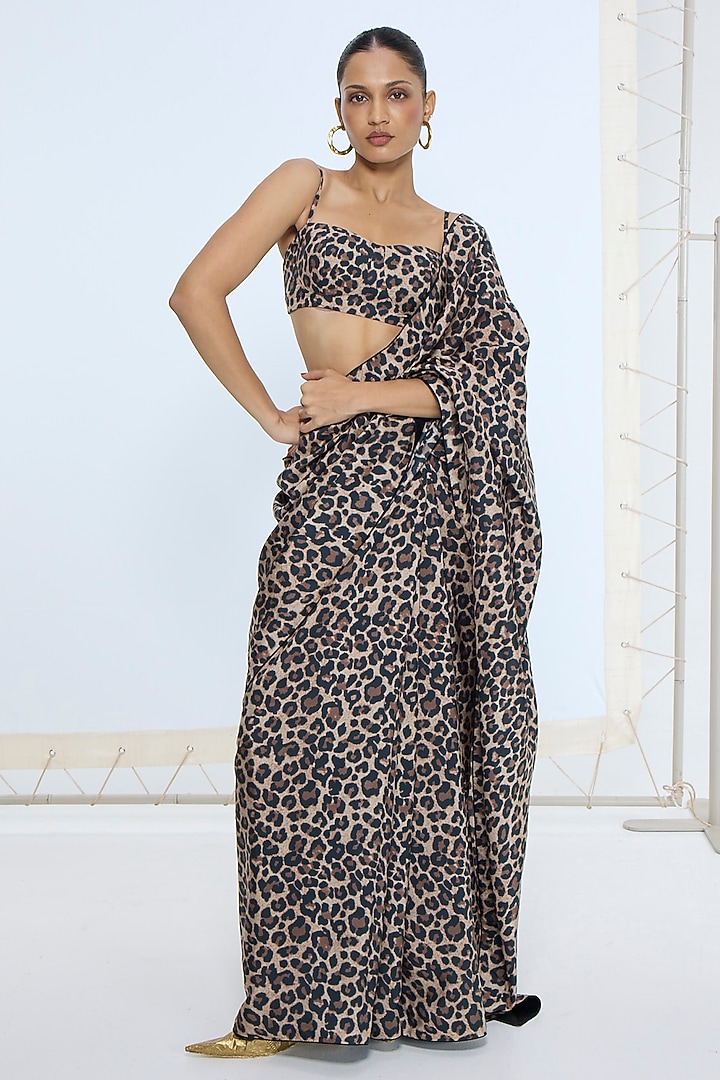 Black & Gold Silk Animal Printed Party Wear Saree by Ekaya at Pernia's Pop Up Shop