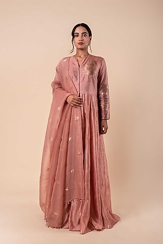 Light Coral Pink Handwoven Anarkali Set by Ekaya
