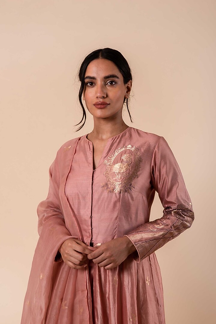 Light Coral Pink Handwoven Wedding Anarkali Set by Ekaya at Pernia's Pop Up Shop