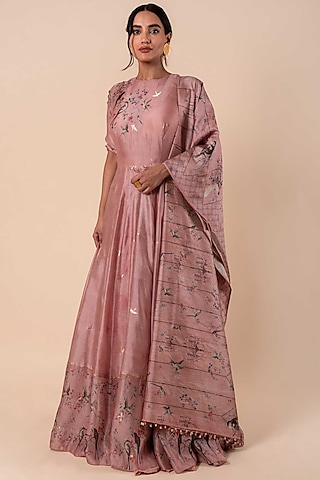 Pink Banarasi Kadhwa Anarkali Set by Ekaya