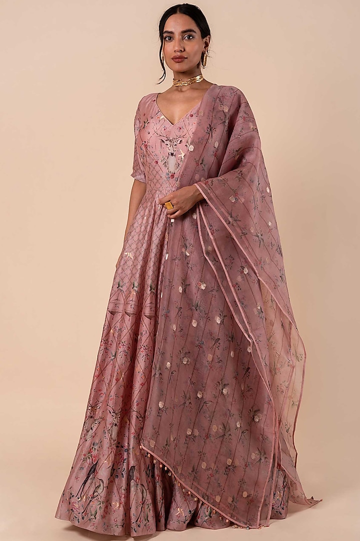 Pink Digital Printed Anarkali Set by Ekaya